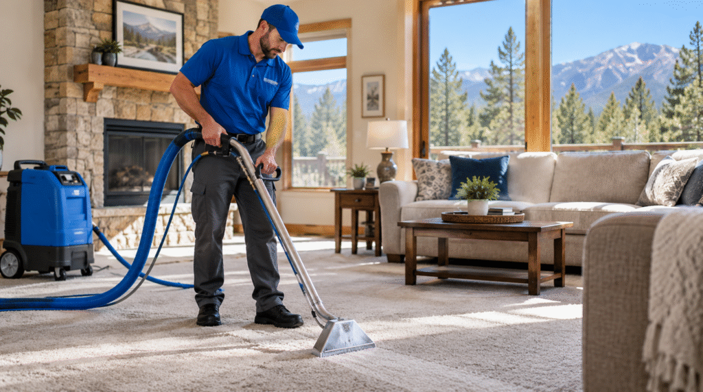 Certified technician performing Carpet Cleaning Black Forest CO near a stone fireplace and living area.