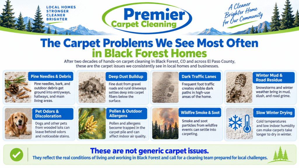 Premier Carpet Cleaning graphic outlining 8 common carpet problems in Black Forest CO homes and businesses.
