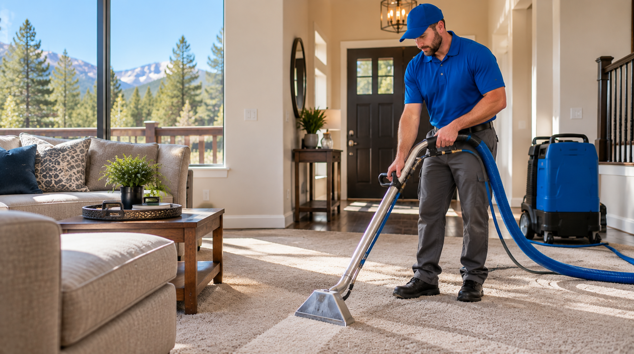 Professional carpet cleaning technician using a hot water extraction wand in a Black Forest CO living room with mountain views.