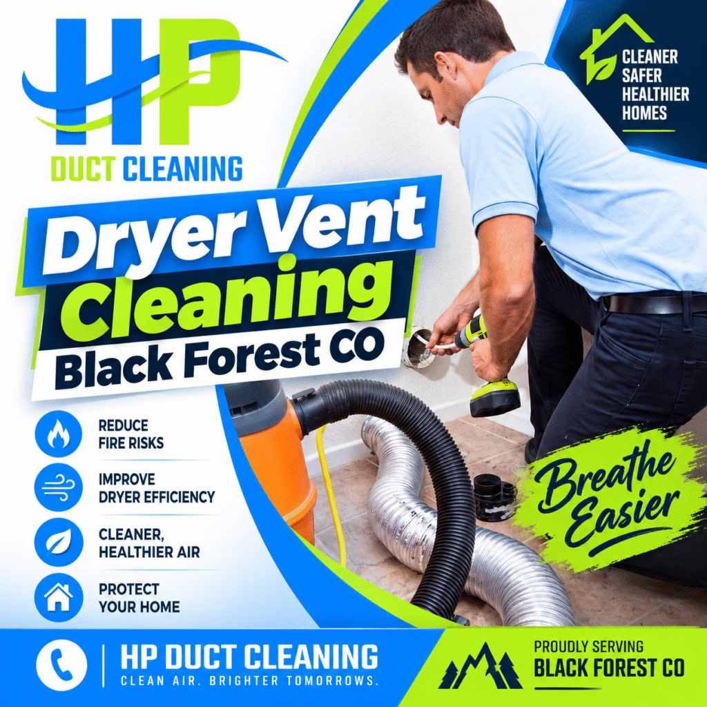 An HP Duct Cleaning tech performs Dryer Vent Cleaning Black Forest CO, using a vacuum and brush to improve air efficiency.