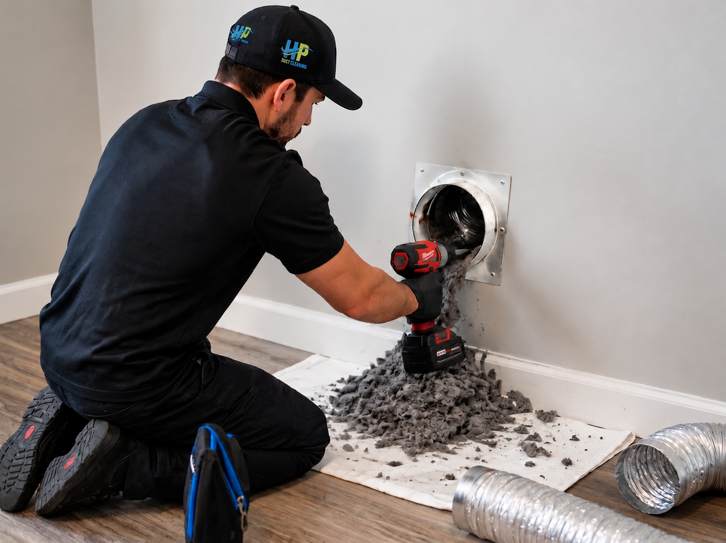 Dyer Vent Cleaning Fountain CO by HP Duct Cleaning: Tech removing large lint pile from wall.