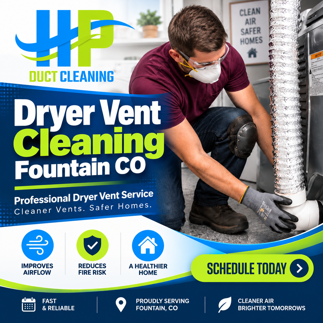 Dyer Vent Cleaning Fountain CO by HP Duct Cleaning: Technician connecting silver vent hose.