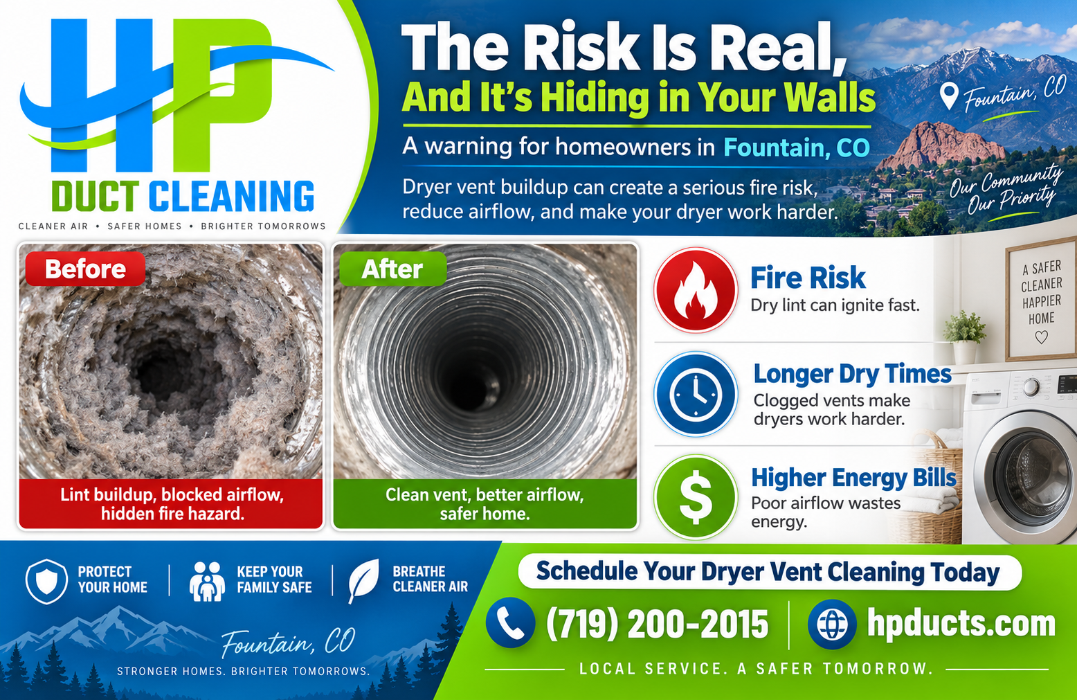 Dyer Vent Cleaning Fountain CO by HP Duct Cleaning: Before and after photos of lint removal.