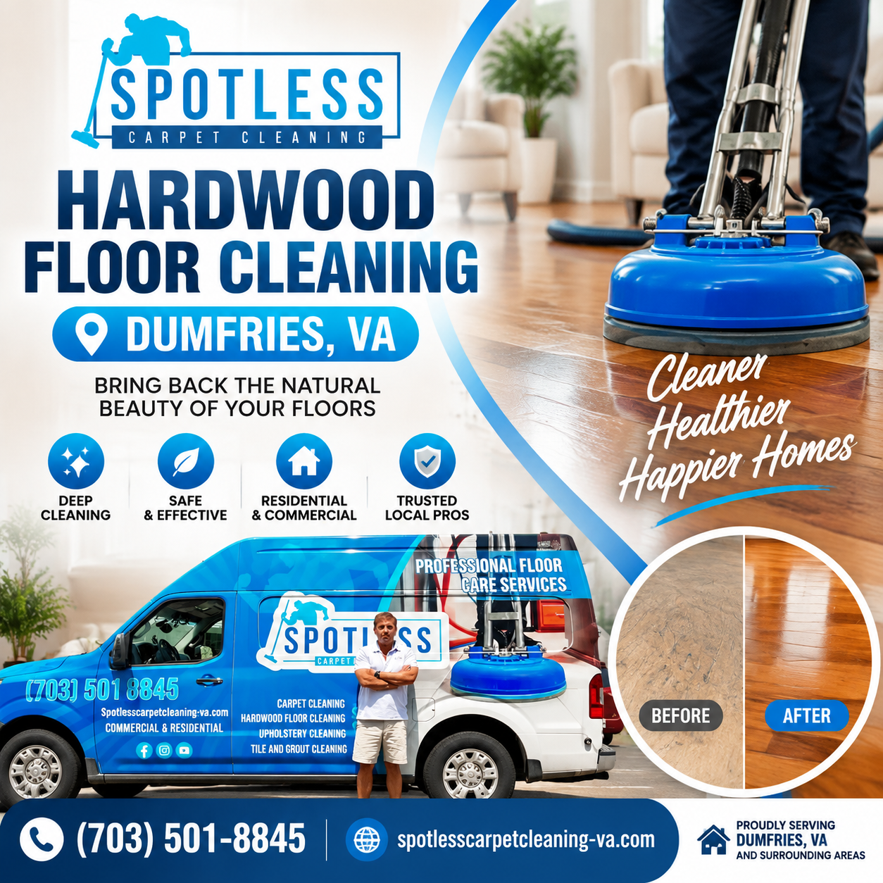 Spotless Carpet Cleaning's ad for Hardwood Floor Cleaning Dumfries VA displays a service van and before and after floor pics.