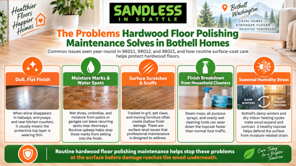 Infographic titled "The Problems Hardwood Floor Polishing Maintenance Solves in Bothell Homes" detailing wood floor issues solved by maintenance in Bothell, WA.