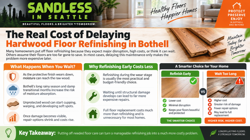 Infographic titled "The Real Cost of Delaying Hardwood Floor Refinishing in Bothell WA" explaining the financial and structural risks of postponing floor maintenance.