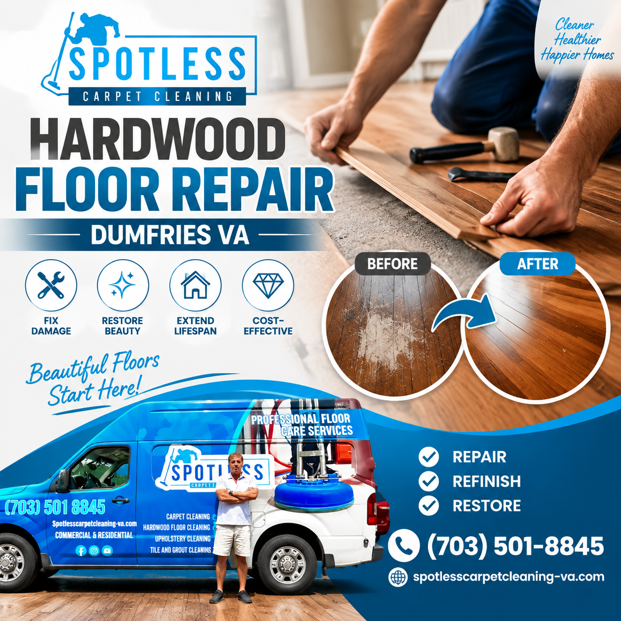 Spotless Carpet Cleaning ad for Hardwood Floor Repair Dumfries VA showing a branded van and before/after results.