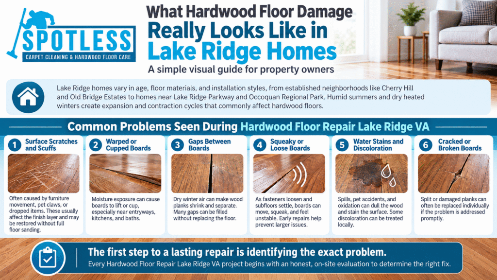 Infographic titled "What Hardwood Floor Damage Really Looks Like in Lake Ridge Homes" outlining common issues addressed during hardwood floor repair Lake Ridge VA projects, including surface scratches, cupped boards, gaps, squeaky planks, water stains, and cracked boards.
