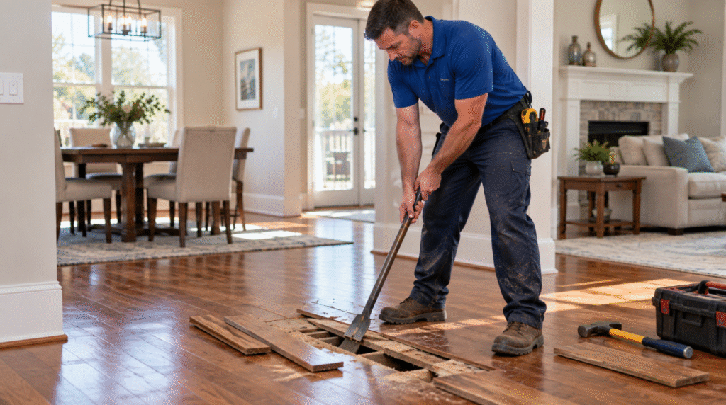 Flooring expert using a pry bar for hardwood floor repair Lake Ridge VA in a living room.