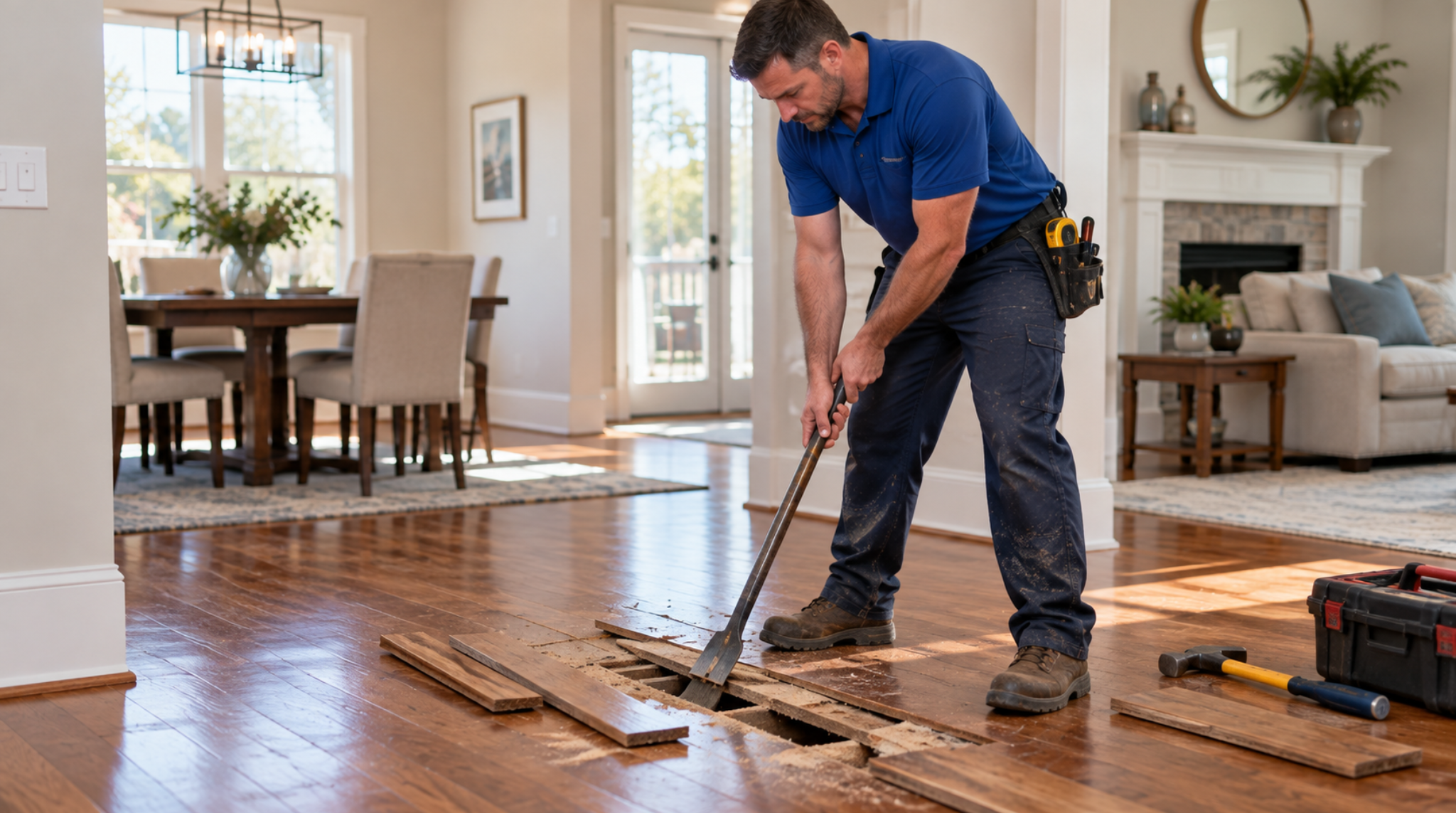 Flooring expert using a pry bar for hardwood floor repair Lake Ridge VA in a living room.