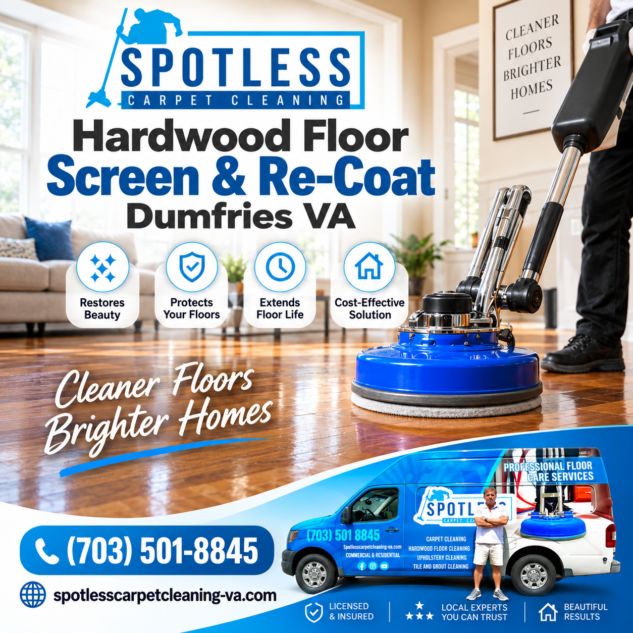 Floor buffer machine used for a Hardwood Floor Screen & Re-Coat Dumfries VA job by Spotless Carpet Cleaning.