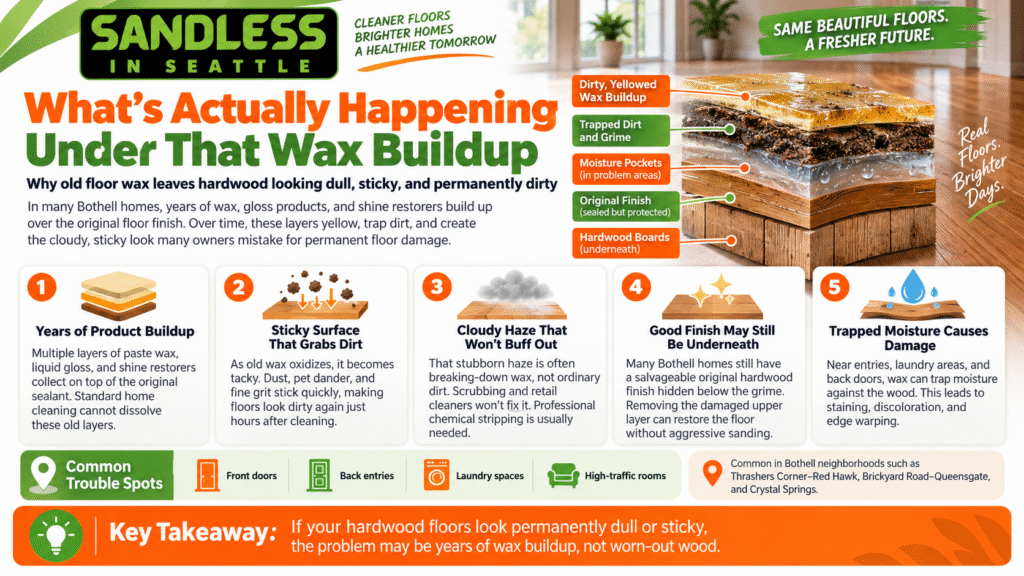 Infographic by Sandless in Seattle explaining hardwood floor wax removal Bothell WA, showing layers of yellowed wax buildup, dirt, and trapped moisture over wood flooring.
