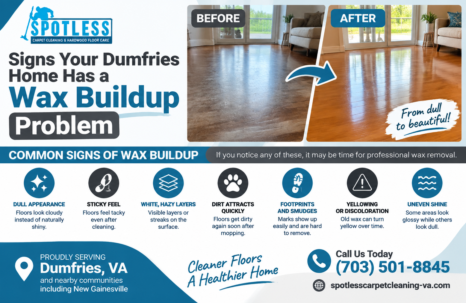 Infographic by Spotless Carpet Cleaning showing signs of wax buildup & Hardwood Floor Wax Removal Dumfries VA before & after.