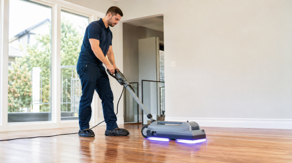 Professional technician using a walk-behind machine for instant UV curing Bothell WA on hardwood floors in a spacious home living room.