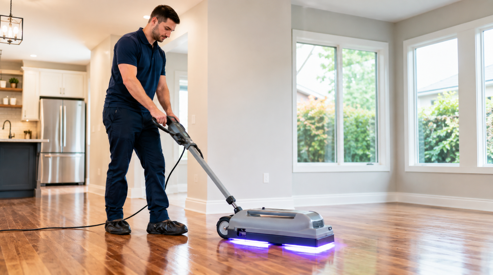 Side view of a floor refinishing expert performing instant UV curing Bothell WA on wood floors near large windows.