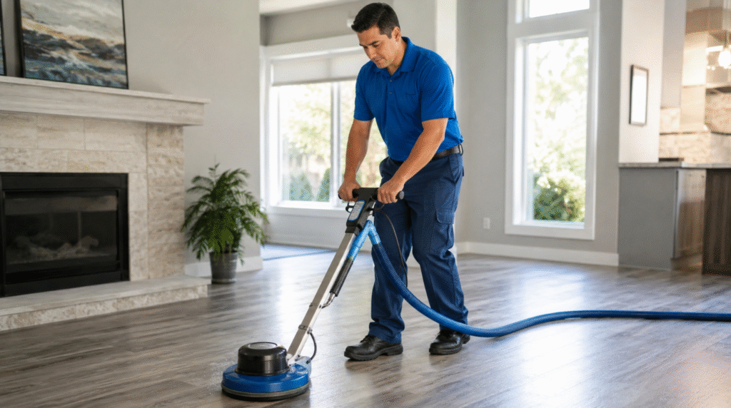 Specialist executing LVT Deep Clean and Protect Bothell WA treatment on luxury vinyl floors near a fireplace.