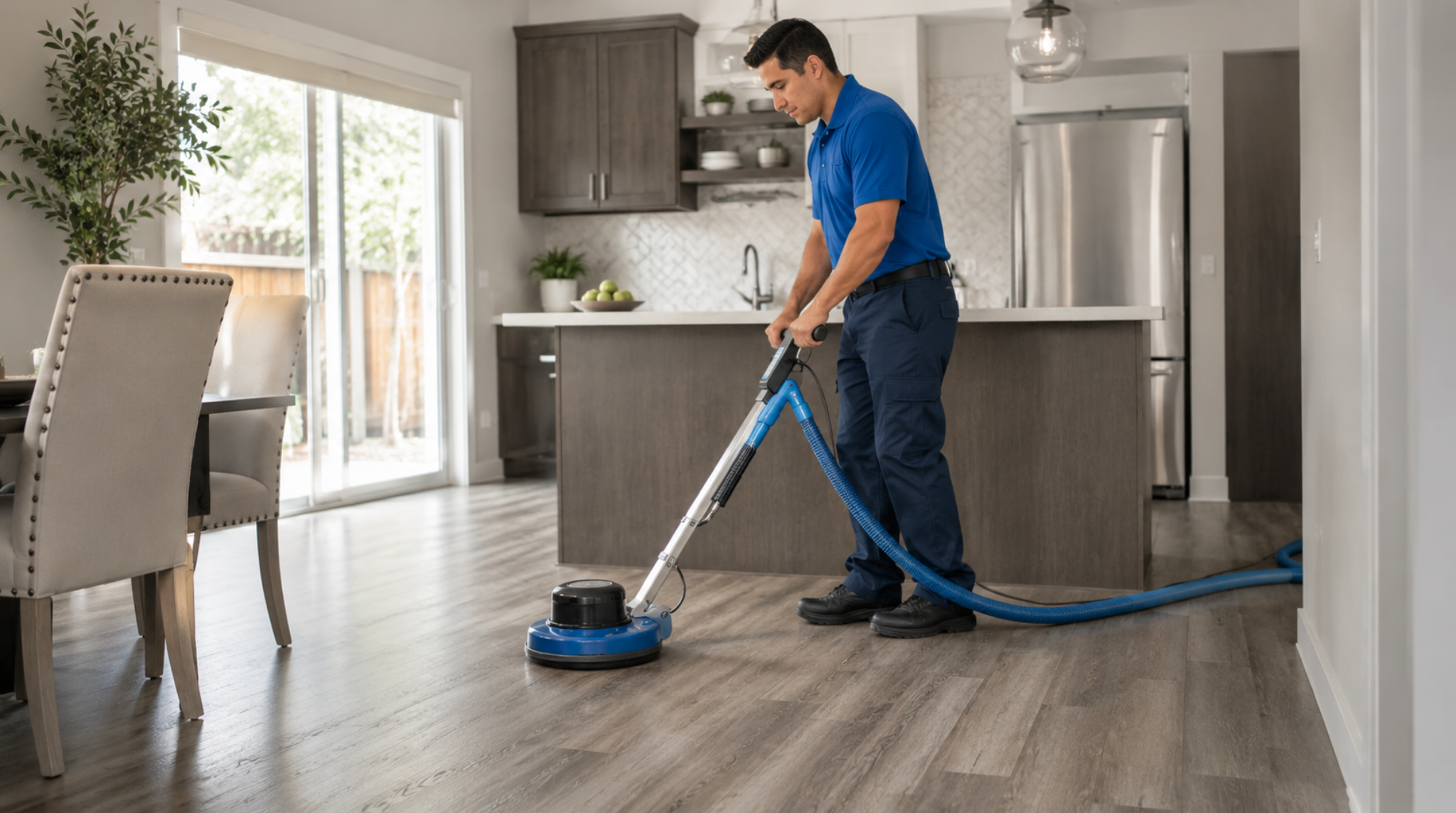 Professional technician performing LVT Deep Clean and Protect Bothell WA services on kitchen luxury vinyl plank flooring.