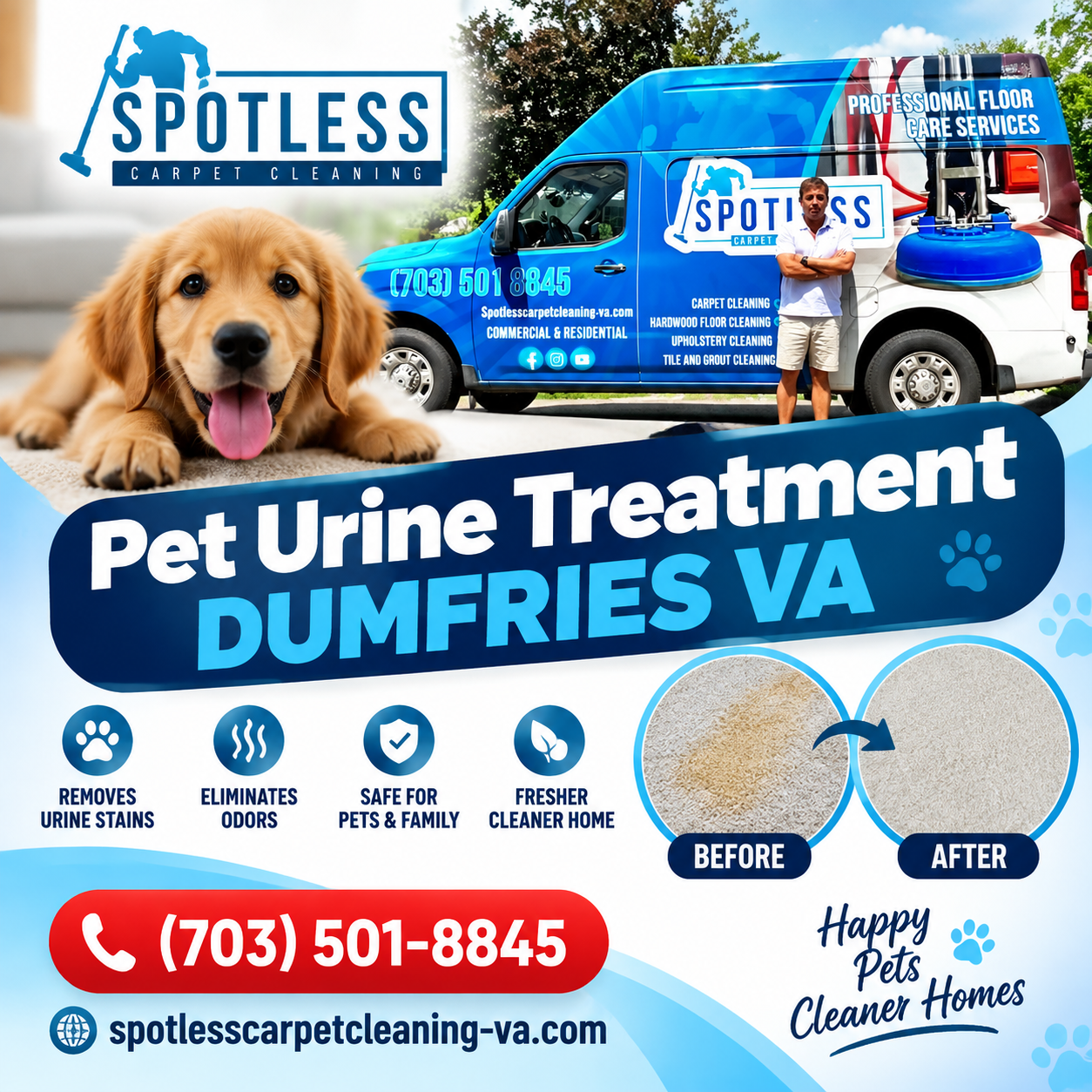 Ad showing a van, dog, and before/after results of Pet Urine Treatment Dumfries VA by Spotless Carpet Cleaning