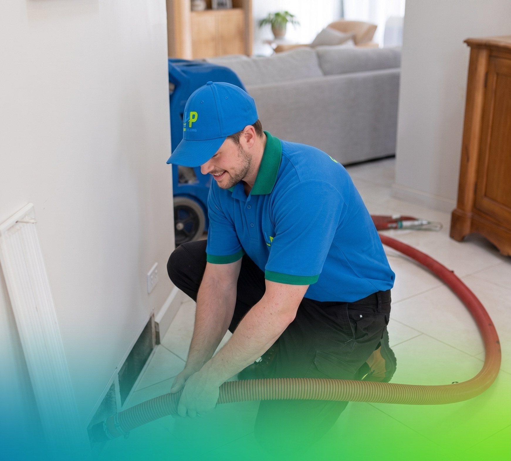 HP Duct Cleaning tech does residential airduct cleaning Fountain CO using a red vacuum hose on a home's wall air vent.