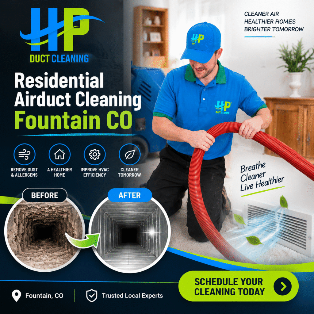 HP Duct Cleaning ad for residential airduct cleaning Fountain CO, showing a technician and before/after clean vent photos.