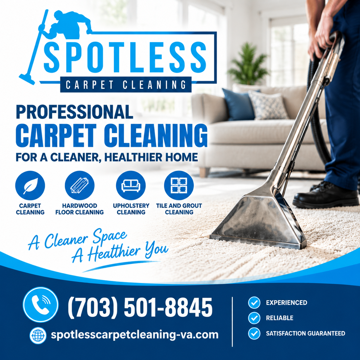 Spotless Carpet Cleaning ad for Residential Carpet Cleaning Dumfries VA showing a worker steam cleaning a living room carpet.