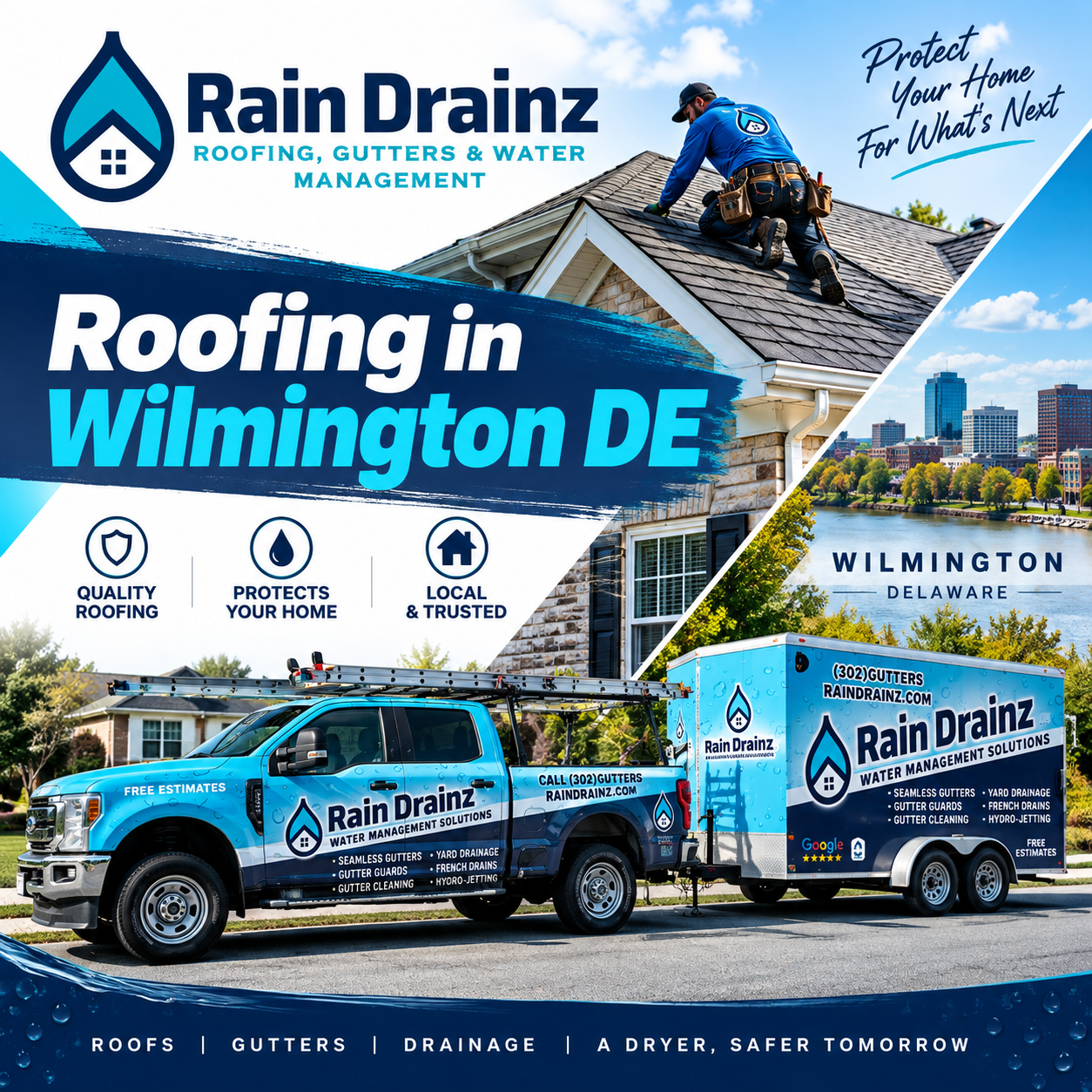 Promo ad featuring a branded truck and crew for Roofing in Wilmington DE by Rain Drainz.