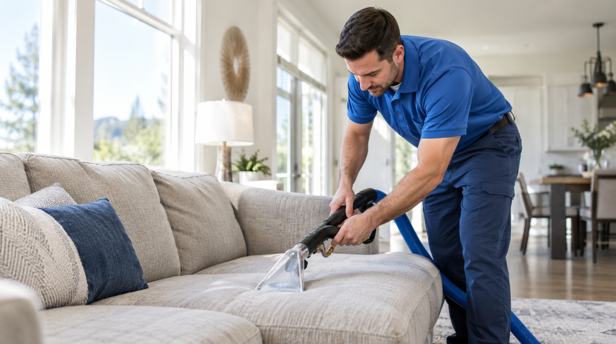 Professional deep steam upholstery cleaning Black Forest CO performed on a beige sectional sofa.