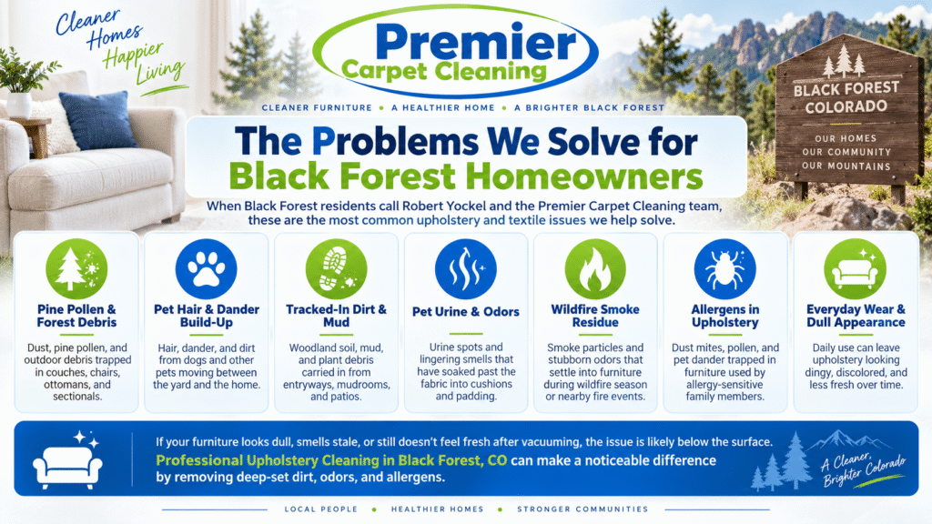 Premier Carpet Cleaning graphic detailing furniture issues solved by professional upholstery cleaning Black Forest CO.