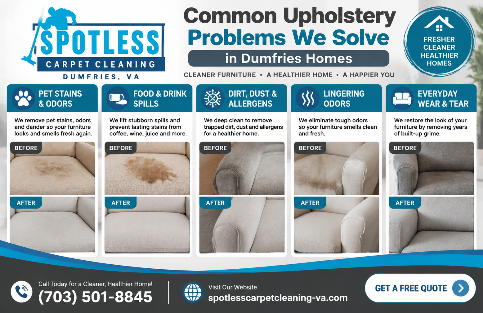 Before & after results of Upholstery Cleaning Dumfries VA by Spotless Carpet Cleaning removing stains, odors, and dirt.