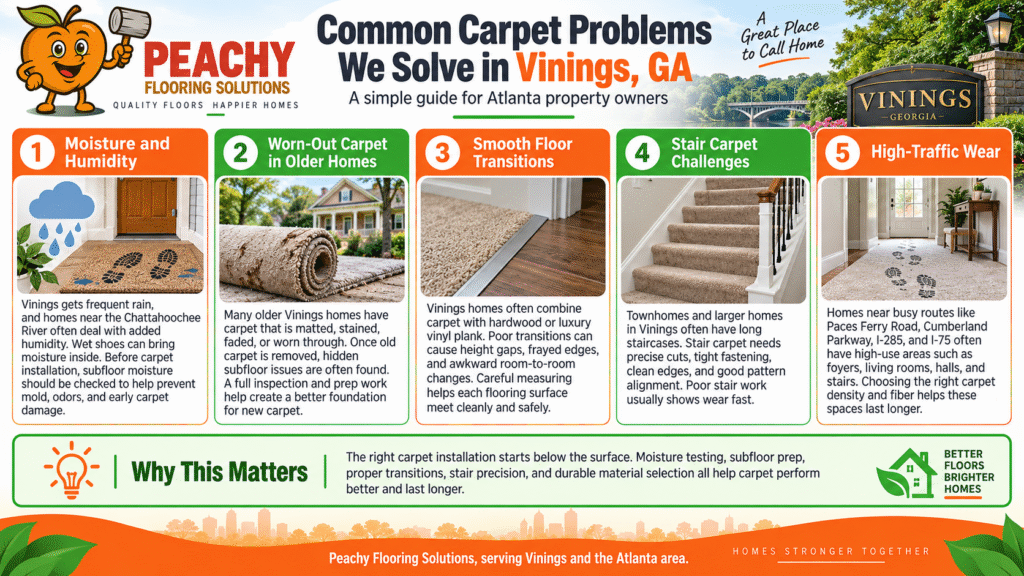 Infographic titled Common Carpet Problems We Solve in Vinings, GA highlighting expert carpet installation solutions by Peachy Flooring Solutions.