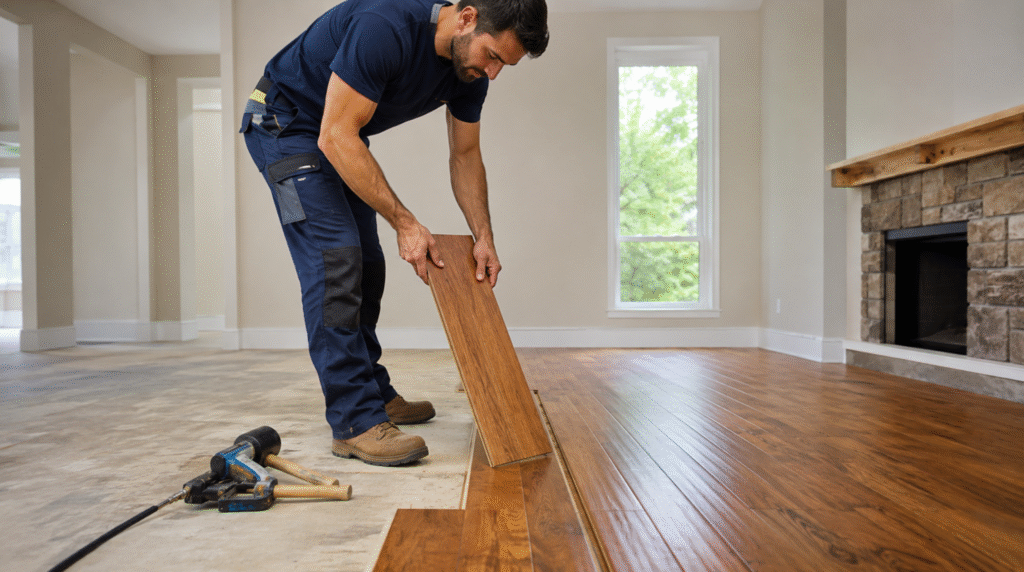 Flooring specialist setting hardwood planks near a fireplace during a Vinings, GA hardwood floor installation.