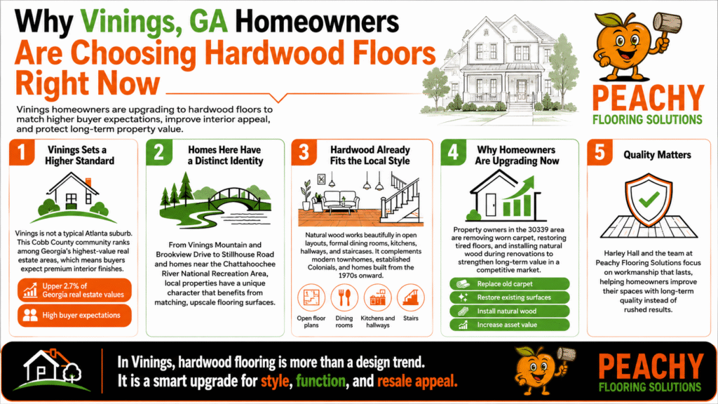 Infographic titled "Why Vinings, GA Homeowners Are Choosing Hardwood Floors Right Now" by Peachy Flooring Solutions, detailing reasons for a Vinings, GA Hardwood Floor Installation.
