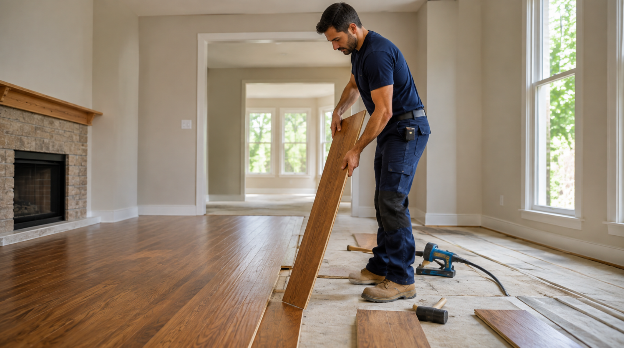 Professional contractor laying rich oak wood planks for a Vinings, GA hardwood floor installation.
