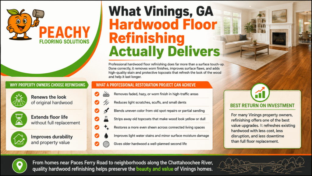 Infographic titled "What Vinings, GA Hardwood Floor Refinishing Actually Delivers" by Peachy Flooring Solutions, highlighting the benefits, restoration capabilities, and ROI of hardwood floor refinishing.