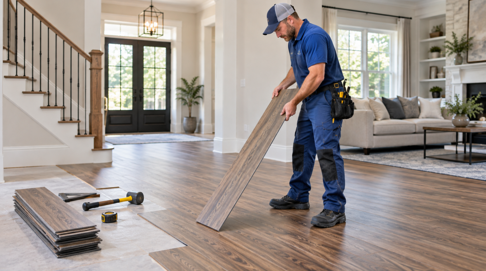 Installer setting wood-look vinyl plank flooring in an open-concept living space for a Vinings, GA LVP installation.