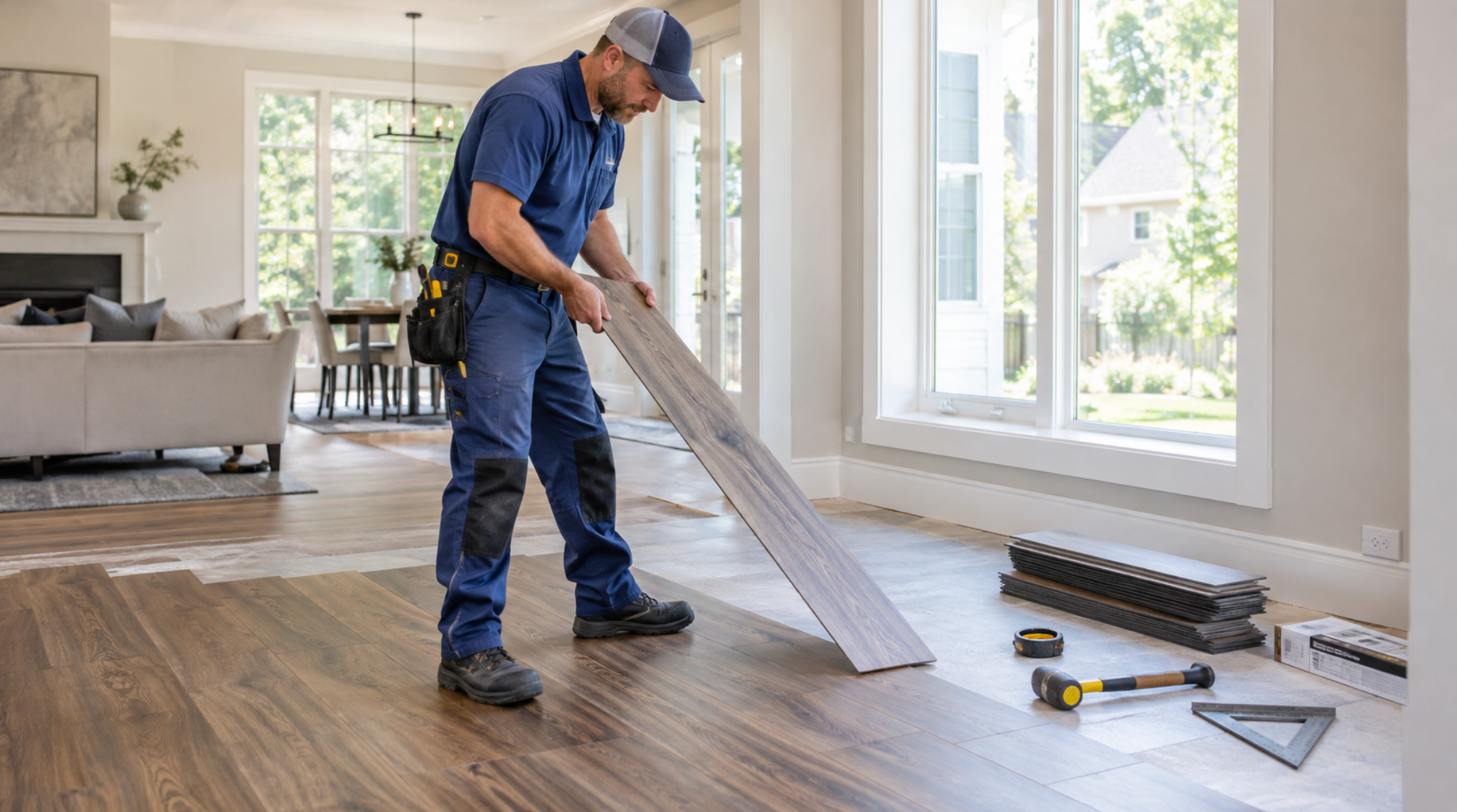 Flooring contractor laying Luxury Vinyl Plank during a Vinings, GA LVP installation project.