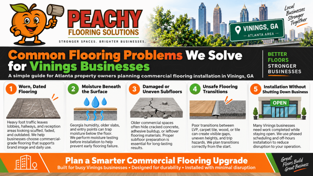 Peachy Flooring Solutions guide detailing common flooring issues solved during Vinings, GA commercial flooring installation.